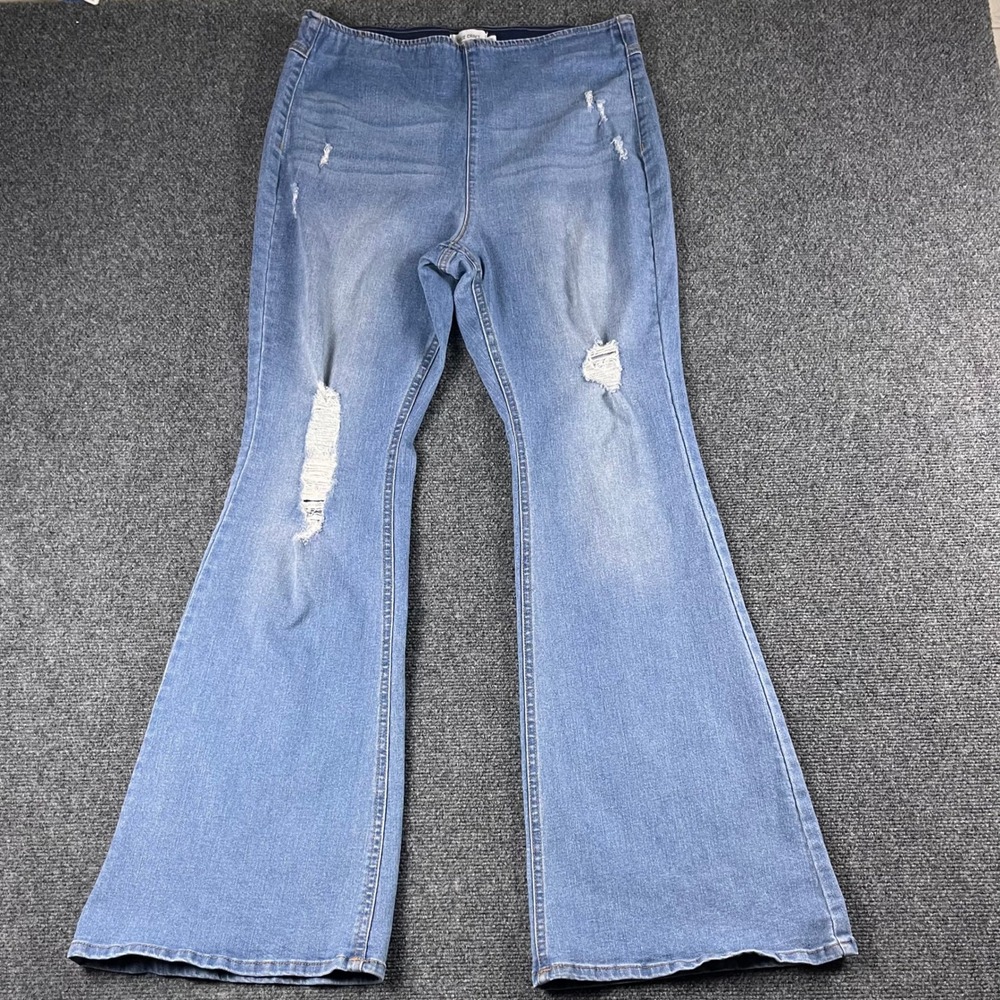 True Craft Womens High Rise Flare Jeans XL Blue Distressed Pull On Elastic Waist